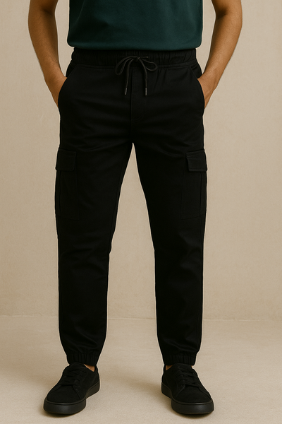 Deep Black Relaxed FIt 6 Pocket Cotton Cargo Trouser